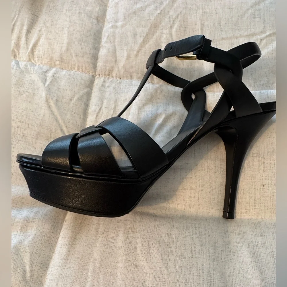 Saint Laurent Black Leather Strappy Platform Heels with Gold Logo - Picture 13 of 14